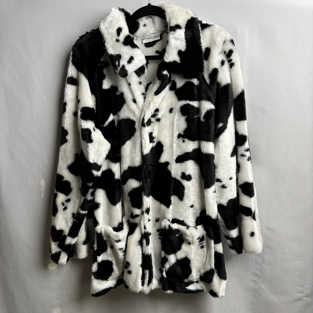 Vintage USA Made Chicos Cow Print Faux Fur Coat Maximalist‎ 90s Quirky Retro M/L